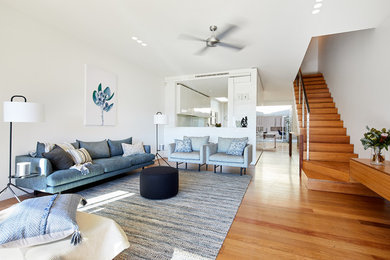 This is an example of a large contemporary open concept living room in Sydney.