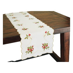 Xia Home Fashions - Holly Berry Embroidered Collection Table Runner, 15x72 - Table Runners