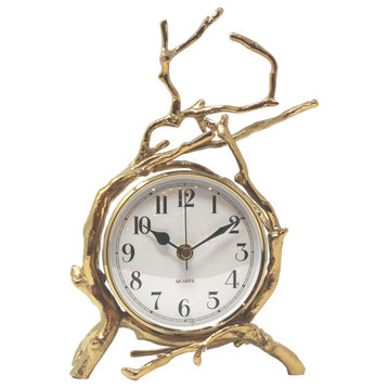 Elegant Twig Branch Brass Table Clock  Mantel Desk Round Gold Natural