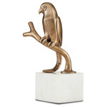 Currey & Company - Zazu Brass Parrot - The original of the Zazu Brass Parrot was created by a sculptor. We have re-created the artful profile in cast aluminum in an antique brass finish. The warmth of the luminous finish on the gold bird sculpture contrasts with the block of marble to which it is fastened. A design detail of note is how the bird's tail curves downward to lay flat on the white marble base.