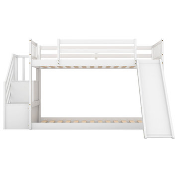 Gewnee Wood Twin Over Twin Bunk Bed with Convertible Slide and Stairway in White