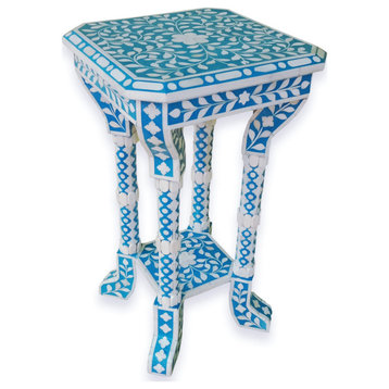 Floral Bone Inlay Blue 12 Inch Accent Table / End Table for living room
