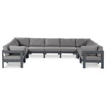 Meridian Furniture - Nizuc Water Resistant Patio U-Shaped Modular Sectional, Gray, 9-Piece: 5 Armless Chair, 4 Corner Chair, Dark Gray Aluminum Frame - Pick and choose your favorites from the Nizuc collection to create a modular seating group the whole gang will enjoy. The sturdy aluminum frame provides dependable support for friends and family as they relax and unwind, and the resilient grey water resistant fabric stands up to the elements without losing its beautiful demeanor, so you can count on it lasting for the long haul. Latches beneath these seating pieces help you easily attach them to one another for convenient setup.
