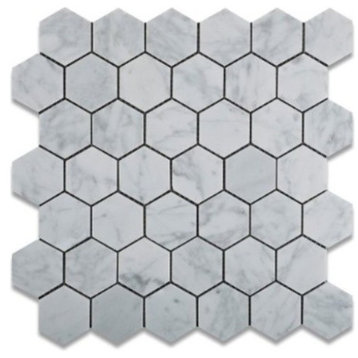 Carrara White Hexagon polished Mosaic, Chip Size: 2"x2"