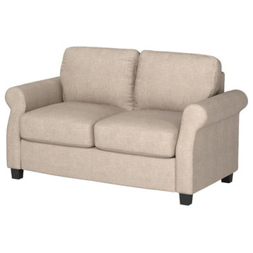 Contemporary Loveseat, Polyester Cushioned Seat With Rolled Arms, Beige