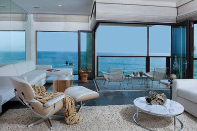Mid-sized transitional formal and loft-style light wood floor living room photo in Other with white walls