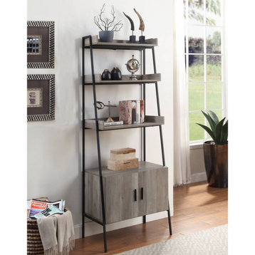 Transitional Bookcase, Lower Cabinet & 3 Shelves With Raised Edges, Gray Oak