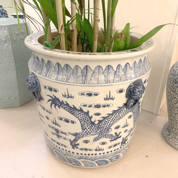 Blue & White Porcelain Dragon Planter With Lion Handle
