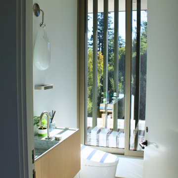 Primary Water Closet — Custom Floating Vanity & Integrated Stone Details
