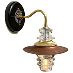Railroadware - Insulator Light LED Sconce Lantern 7" Metal Hood, Dimming - Vintage lighting for that rustic or modern interior with historic connections to the railroad and early telecom industries. Insulator lights are regionally sourced and made in the USA. Some insulators are over a 100 years old. Insulators comes in a variety of colors, sizes and shapes.