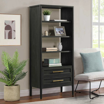 Contemporary Bookcase, 3 Open Shelves & 2 Drawers With Golden Pulls, Charcoal