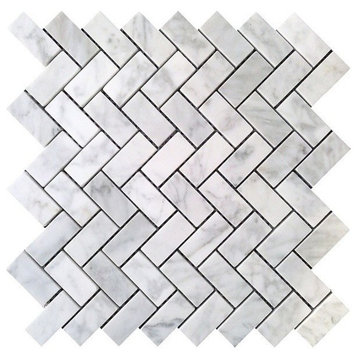 Carrara Herringbone Pattern Polished Tile, White, 30 Sq. ft., 1x2