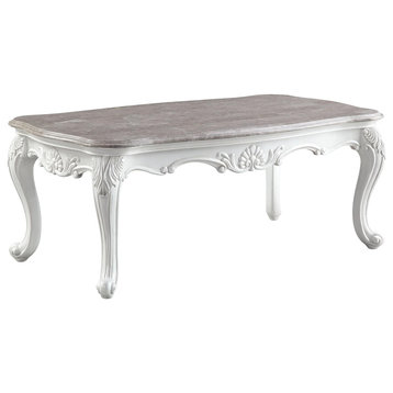Traditional Coffee Table, Scrolled Ornamental Legs With Faux Marble Top, White