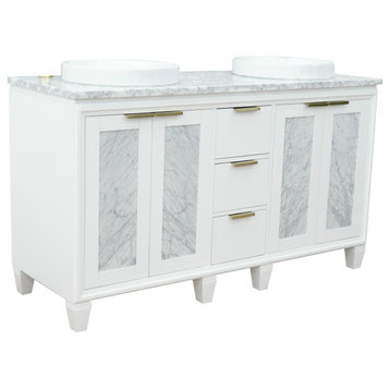 61" Double Sink Vanity, White Finish With White Carrara Marble And Round Sink