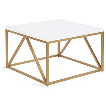 Transitional Coffee Table, Golden Metal Base With Triangular Accents & White Top