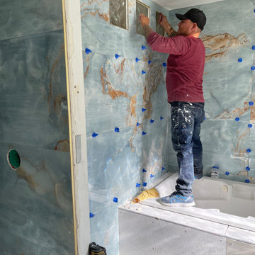 Bathroom Remodel; Huge Blue Tiles; Luxury shower and tub