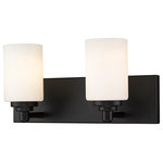 Z-Lite - Soledad Two Light Vanity, Matte Black - Let your bathroom bedroom or hallway bask in soft warm light. This contemporary two-light wall sconce has a sophisticated streamlined look and extends from a long mirrored plate for a chic contrast. From the sconce's cylindrical white etched glass shades to its matte black finish this fixture stylishly upgrades your space.