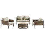 OVE Decors - OVE Decors Danforth 4-Piece Outdoor Patio Conversation Furniture Set - Guests to your outdoor oasis may never want to leave once they experience the Danforth 4-piece outdoor conversation patio set by OVE Decors. That's because its cozy back and seat cushions, wide, slightly sloped seating and curved extended armrests create a space that's as comfortable as it is stylish. Made with high-quality materials and premium construction, this all-weather woven resin wicker and aluminum loveseat, 2 chairs and oval coffee table will stand up to the elements and the passage of time. Beige fabric cushions and a handsome brushed wood-look finish round out this set's enduring traditional appeal.