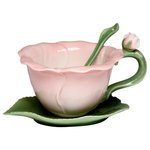 Cosmos Gifts Corp - Hibiscus 2-Piece Cup and Saucer Set With Spoon - This 2-Piece Hibiscus Cup and Saucer Set makes a stunning addition to a dinner or tea party. Made from porcelain in the shape of a hibiscus flower and leaf, this green and pink hand-painted cup and saucer set is elegant and unique. Includes a small tea spoon. Hand wash only.
