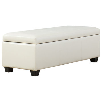 48" Elegant Leather/Linen Rectangular Storage Ottoman, Cream