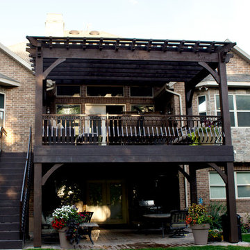 Timber Frame Tiered Pergolas, Deck, Ornamental Metal Railings