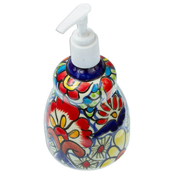 Novica Handmade Talavera Flowers Ceramic Soap Dispenser