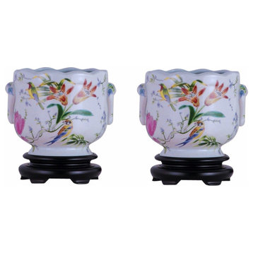 Set of 2 Round Scallop Rim Bird and Floral Porcelain Pot Base 7"