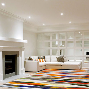 This is an example of a large contemporary fully buried basement in Toronto with white walls, light hardwood flooring, a standard fireplace and a stone fireplace surround.