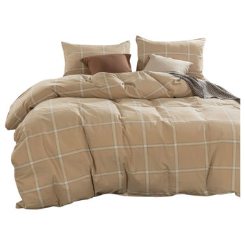 Windowpane Washed Cotton Duvet Cover Set, Camel, Queen, 92"x90"