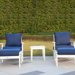 LuXeo - Aspen 5PC Set Deep Seating Chair with Ottoman and End Table, White - Take relaxation to new heights with this indulgent five-piece outdoor seating set that includes two chairs, matching ottomans, and a side table. Built from all-weather lumber, the set shows off plush cushions and two decorative throw pillows.  A slatted back and wide arms gives it a classic stance. The matching ottomans offer a great place to kick up your feet, or can be used as additional seating when guests arrive.
