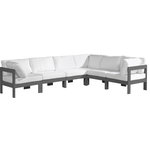 Meridian Furniture - Nizuc Water Resistant Patio L-Shaped Modular Sectional, White, 6-Piece: 3 Armless Chair, 3 Corner Chair, Dark Gray Aluminum Frame - Pick and choose your favorites from the Nizuc collection to create a modular seating group the whole gang will enjoy. The sturdy aluminum frame provides dependable support for friends and family as they relax and unwind, and the resilient white water resistant fabric stands up to the elements without losing its beautiful demeanor, so you can count on it lasting for the long haul. Latches beneath these seating pieces help you easily attach them to one another for convenient setup.