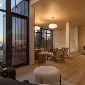 Main level at twilight, living zone - Fold House Berkeley Hills new construction