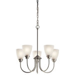Kichler Lighting - Kichler Lighting 43638NIL18 Jolie - 22" 50W 5 LED Medium Chandelier - Enjoy the splendor of this Brushed Nickel 5 light LED chandelier from the refreshing Jolie Collection. The clean lines are beautifully accented by satin etched glass. Jolie is the perfect transitional style for a variety of homes.  Canopy Included: TRUE  Shade Included: TRUE  Canopy Diameter: 5.00  Dimable: TRUE  Color Temperature:   Lumens:   CRI: 92Jolie 22" 50W 5 LED Medium Chandelier Brushed Nickel Satin Etched Glass *UL Approved: YES  *Energy Star Qualified: YES *ADA Certified: n/a  *Number of Lights: Lamp: 5-*Wattage:10w A19 LED bulb(s) *Bulb Included:Yes *Bulb Type:A19 LED *Finish Type:Brushed Nickel