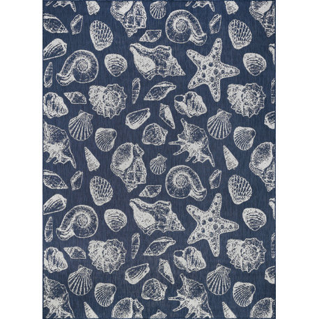 Sanibel Novelty Coastal Navy/Cream Rectangle Indoor/Outdoor Area Rug, 5'x7'