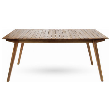 Contemporary Dining Table, Angled Legs & Slatted Acacia Wood Top, Teak Finish