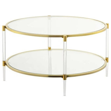 Contemporary Coffee Table, Acrylic Legs With Round Tempered Glass Top and Shelf