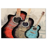DDCG - "Colorful Acoustic Painterly Guitar" Canvas Wall Art, 36"x24" - This 36x24 premium gallery wrapped canvas features a colorful acoustic painterly acoustic guitar design. The wall art is printed on professional grade tightly woven canvas with a durable construction, finished backing, and is built ready to hang. The result is a remarkable piece of wall art that will add elegance and style to any room.
