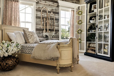 Example of a mid-sized cottage guest carpeted bedroom design in DC Metro with gray walls, a standard fireplace and a wood fireplace surround