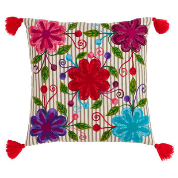 Embroidered Tasseled 100% Pure Cotton Throw Pillow, 18"x18" Petal