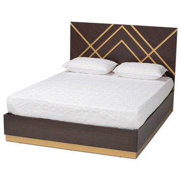 Aarav Glam and Luxe Dark Brown and Gold Finished Wood Queen Size Platform Bed