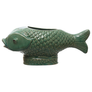 17" Debossed Stoneware Fish Planter, Reactive Glaze, Holds 7" Pot, Turquoise