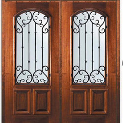 Prehung Double Door 80 Mahogany Valencia Arch Lite Wrought Iron - Front Doors