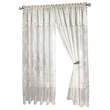 Carly Lace Curtain Panel With Attached Valance With Tassels, White, 63" Long