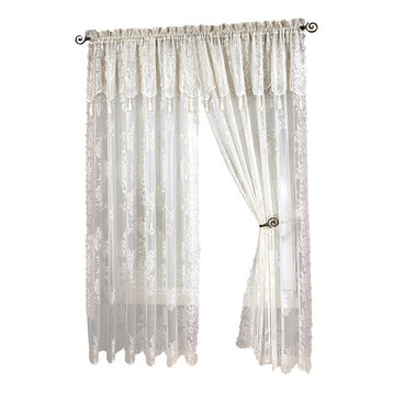 Carly Lace Curtain Panel With Attached Valance With Tassels, White, 63" Long