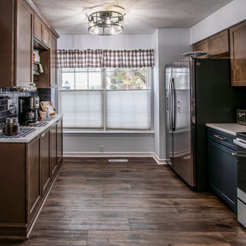 Two Tone Kitchen: Navy and Wood Kitchen with Carrara Wind Quartz Countertops