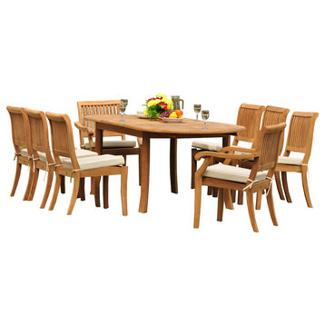 9-Piece Teak Dining Set, 94" Ext Oval, 8 Arbor Stacking Arm/Armless Chairs