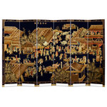 China Furniture and Arts - Chinoiserie Scenery 6 Panel Oriental Floor Screen with Spring Festival Scene - This exquisite six-panel floor screen is a piece of art to be collected. It features a scene from a renowned scroll painting from the Qing Dynasty, depicting the bustling atmosphere of the Chinese Spring festival. Horse-drawn carts darting back and forth, market vendors chirping their wares, cheerful villagers and nobles promenading in the excitement of Spring; each element from the scroll has been faithfully reproduced in exceptional detail on a black lacquer background.