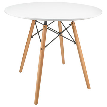 LeisureMod Dover Round Bistro Dining Table With Natural Wood Eiffel Base, White