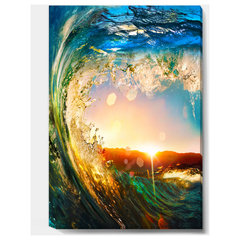 Pink Sunset Beach With Rainbow And Ocean Waves Wrapped Canvas Art