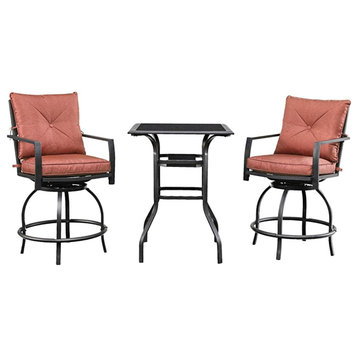 3 Pieces Patio Bistro Set, Square Table With Swiveling Cushioned Stools, Red